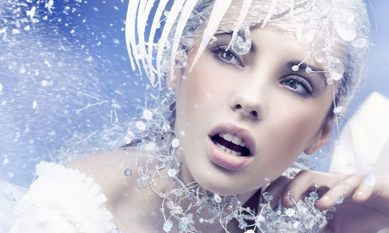 crystals, snow, faces, models, women, Ice Queen, make up, , winter