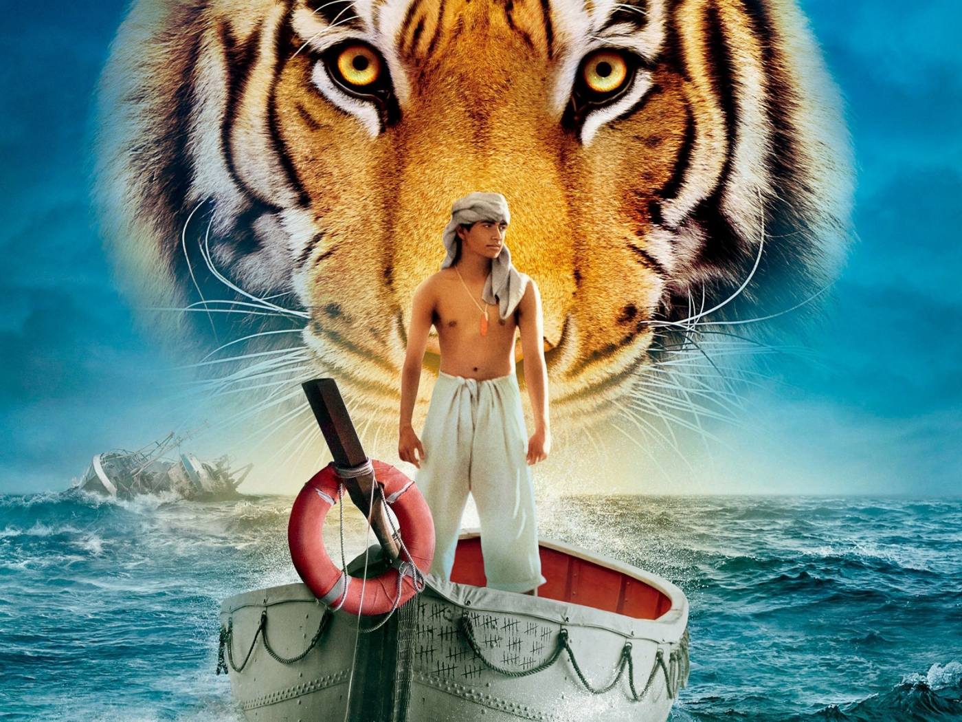 animals, Жизнь Пи, мужчина, тигры, небо, movies, корабли, животные, Life of Pi, океан, skies, ships, шторм, фильмы, boats, вода, ocean, Indian, Индия, The Man, tigers, water, storm, лодки