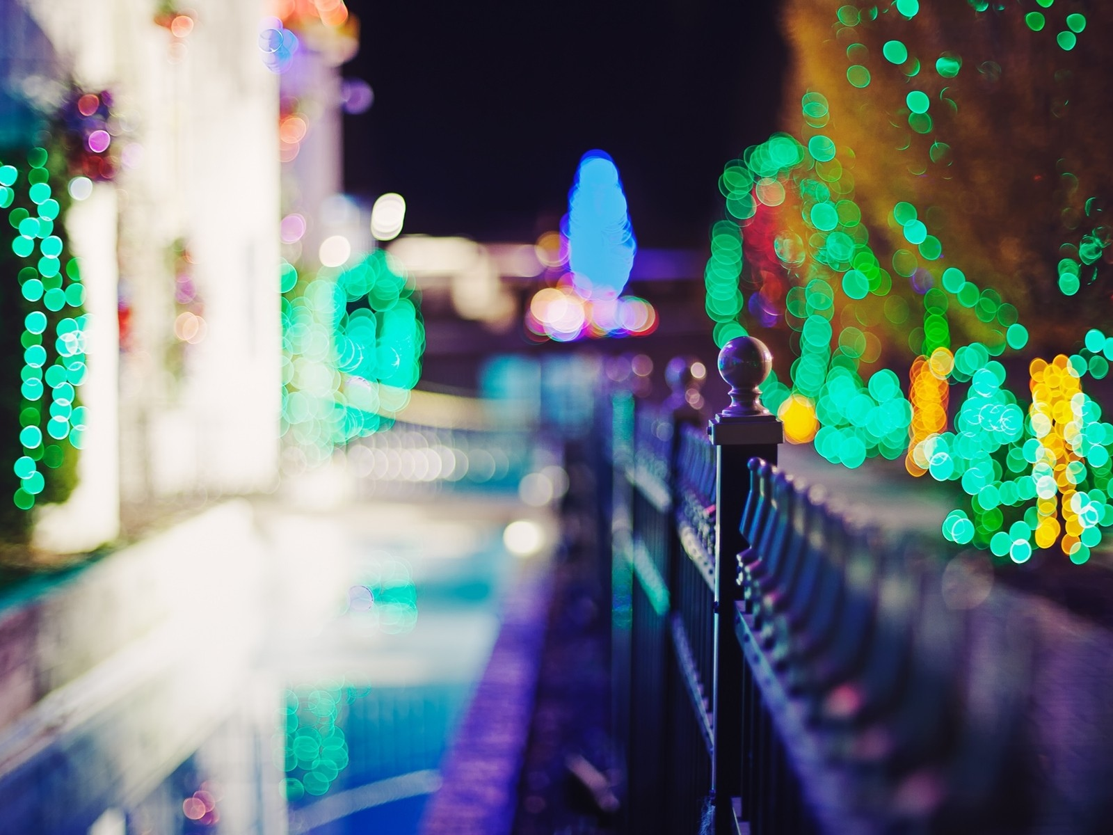 боке, многоцветная, деревья, depth of field, lights, украшения, Рождество, bokeh, multicolor, decorations, trees, fences, Christmas, заборы, глубина резкости, фонари