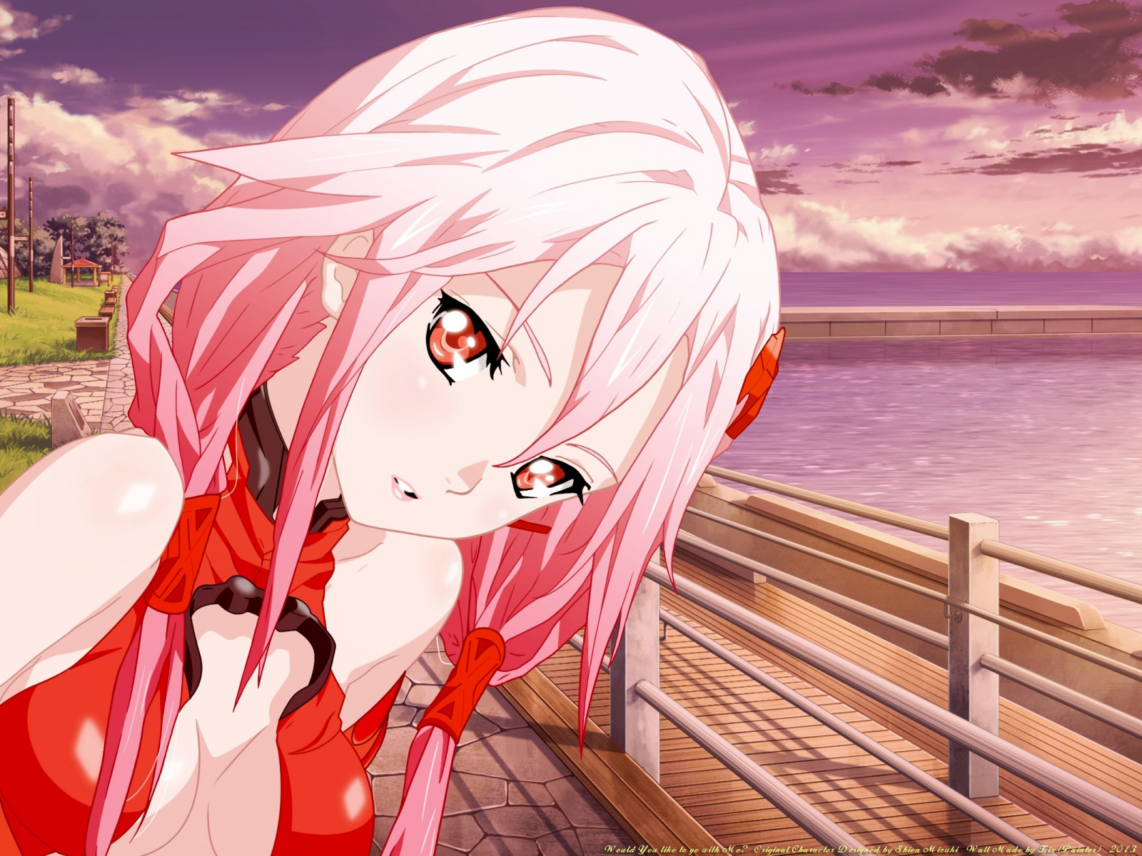 pink hair, red eyes, bare shoulders, Guilty Crown, Yuzuriha Inori, , railing, detached sleeves, hair ornaments, bodysuits, sea, red dress, water, cleavage, grass, clouds, faces, outdoors, anime girls, long hair, skies