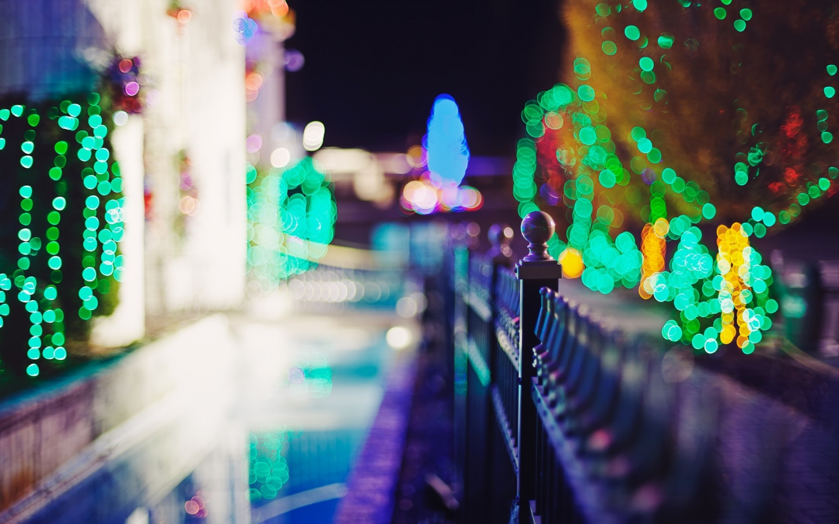 боке, многоцветная, деревья, depth of field, lights, украшения, Рождество, bokeh, multicolor, decorations, trees, fences, Christmas, заборы, глубина резкости, фонари