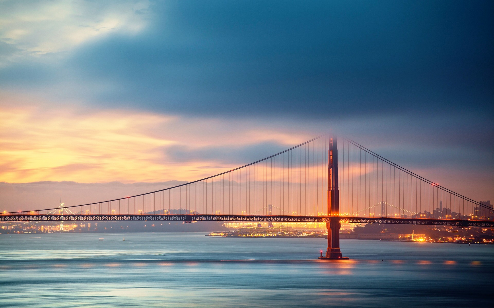 lights, городские пейзажи, мосты, Golden Gate Bridge, cityscapes, фонари, bridges, мост Золотые Ворота в Сан-Франциско, San Francisco, rivers, рек