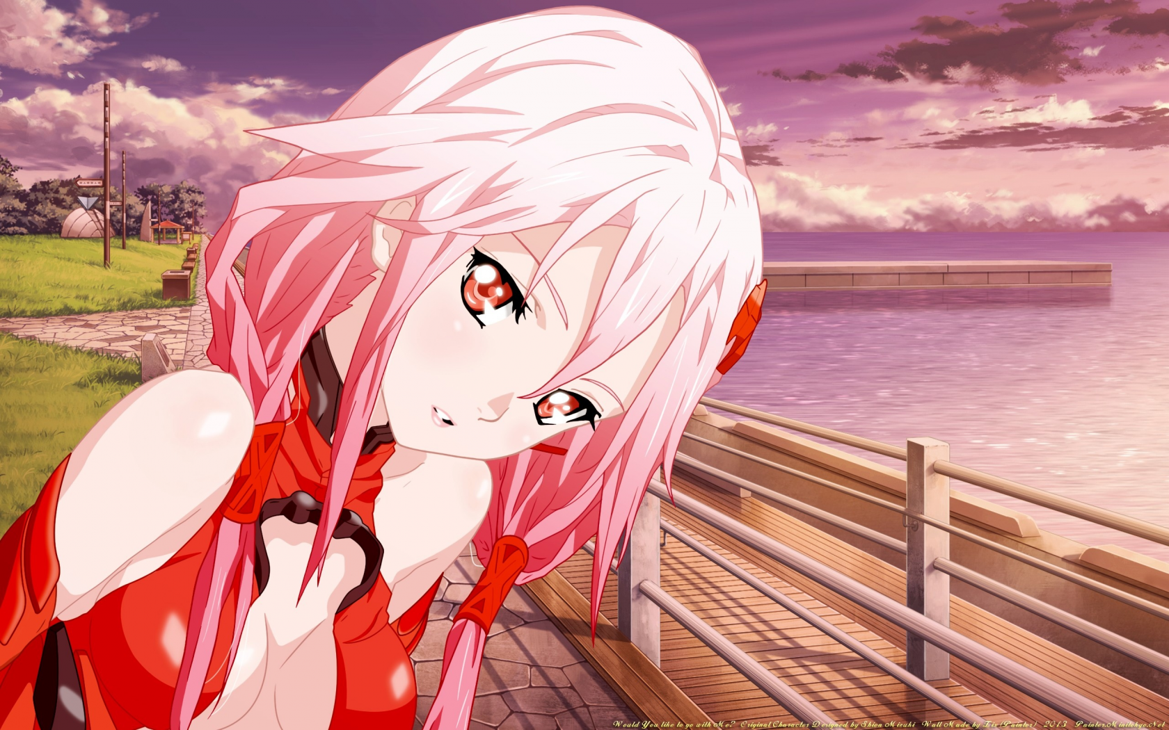 pink hair, red eyes, bare shoulders, Guilty Crown, Yuzuriha Inori, , railing, detached sleeves, hair ornaments, bodysuits, sea, red dress, water, cleavage, grass, clouds, faces, outdoors, anime girls, long hair, skies