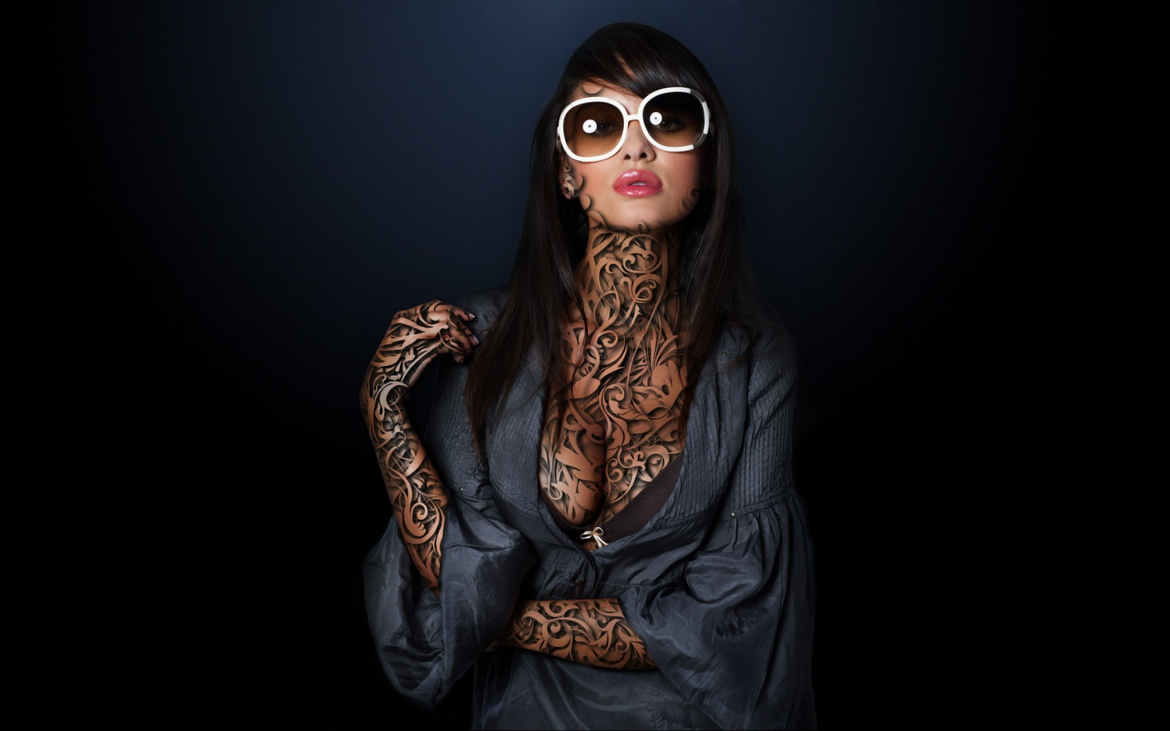 sunglasses, , tattoos, cleavage