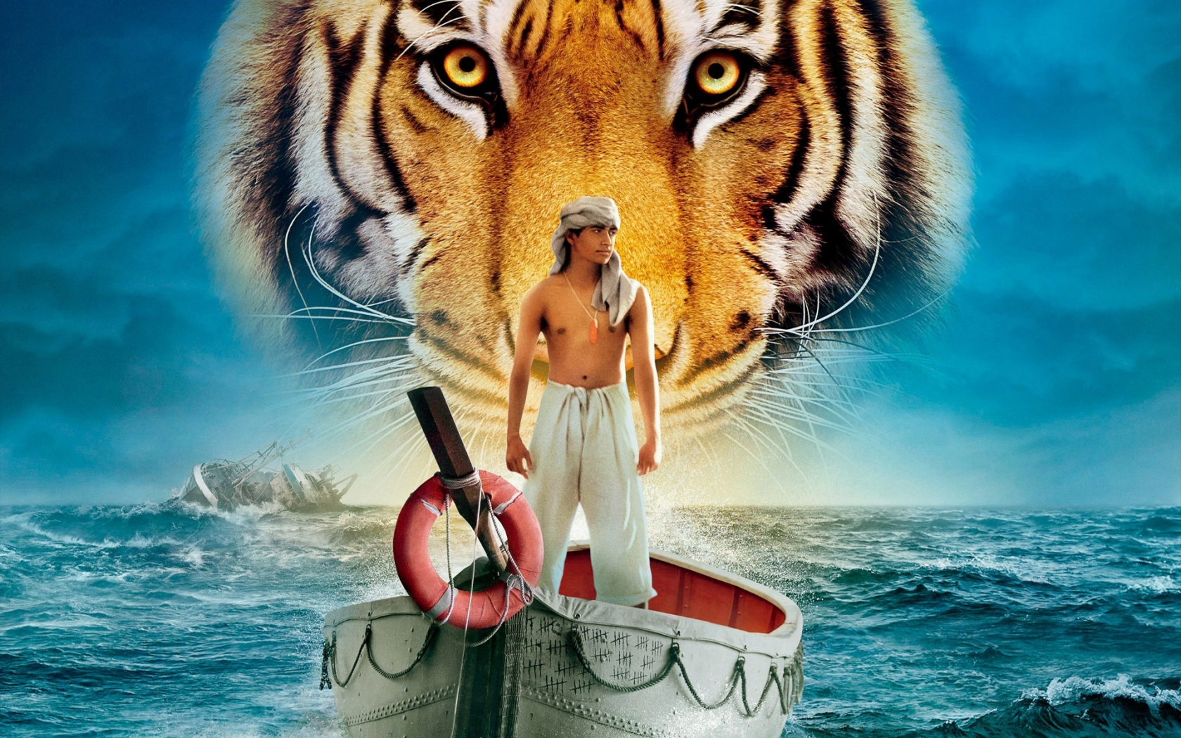 animals, Жизнь Пи, мужчина, тигры, небо, movies, корабли, животные, Life of Pi, океан, skies, ships, шторм, фильмы, boats, вода, ocean, Indian, Индия, The Man, tigers, water, storm, лодки