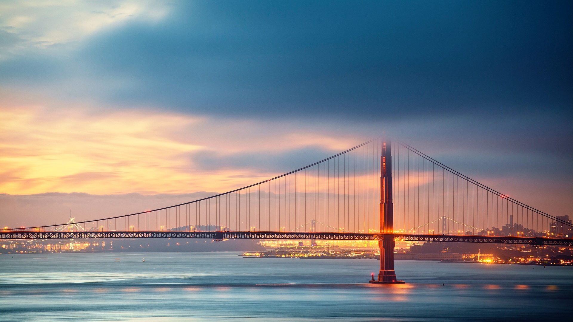 lights, городские пейзажи, мосты, Golden Gate Bridge, cityscapes, фонари, bridges, мост Золотые Ворота в Сан-Франциско, San Francisco, rivers, рек