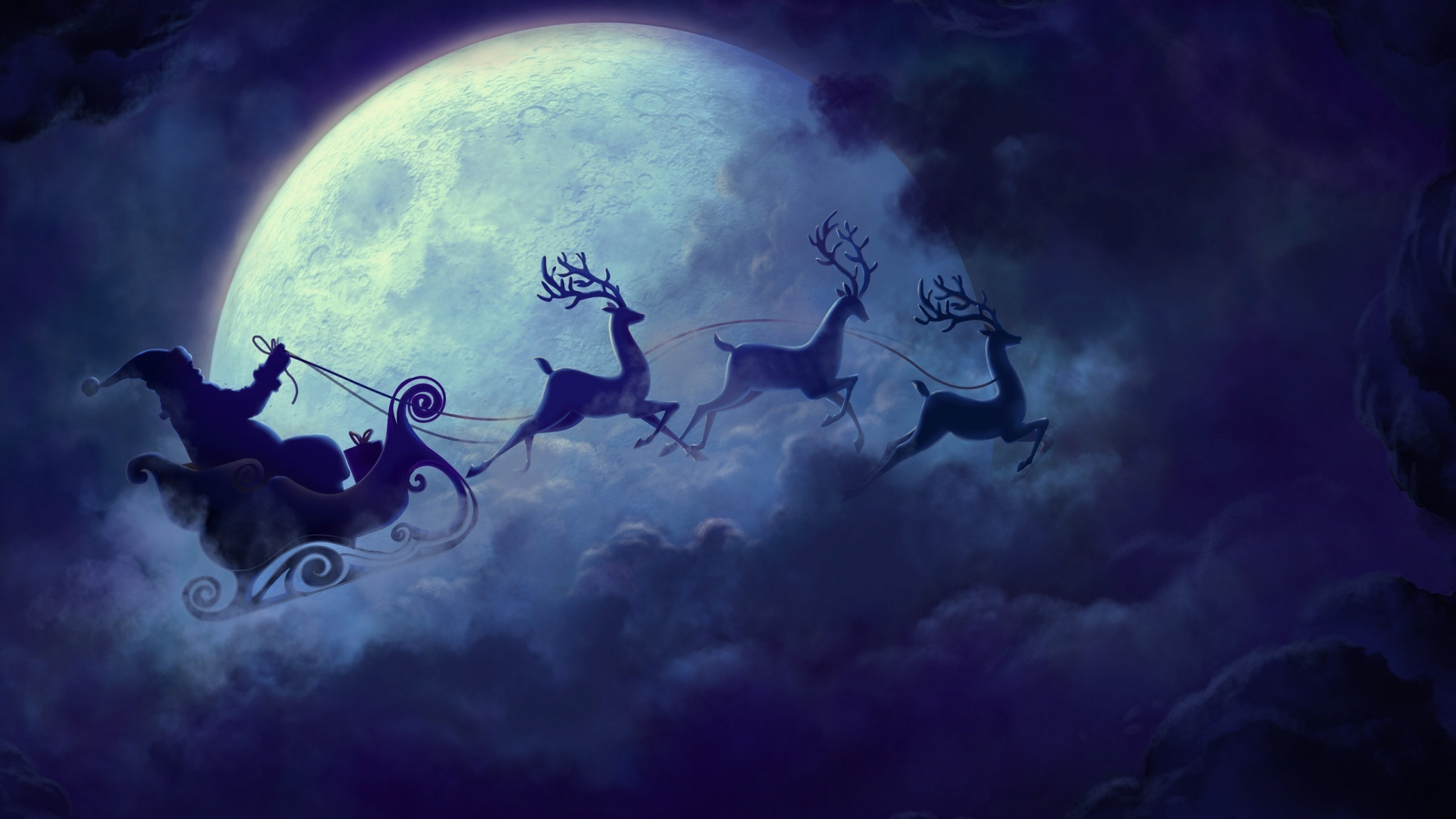 Christmas, Рождество, полет, Санта-Клаус, луна, Santa Claus, Moon, олени, reindeer, flying