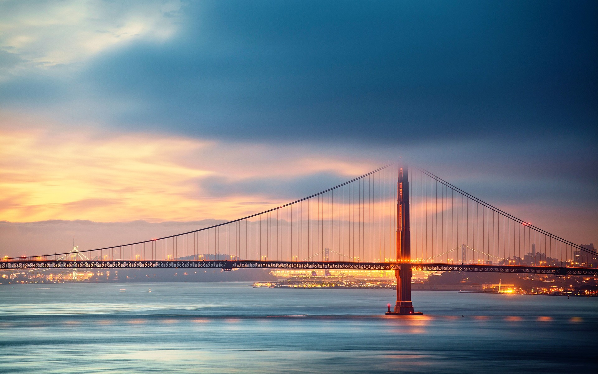 lights, городские пейзажи, мосты, Golden Gate Bridge, cityscapes, фонари, bridges, мост Золотые Ворота в Сан-Франциско, San Francisco, rivers, рек