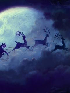 Christmas, Рождество, полет, Санта-Клаус, луна, Santa Claus, Moon, олени, reindeer, flying
