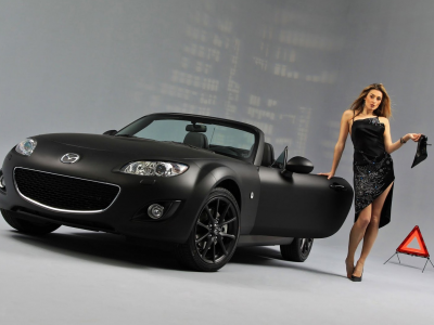 front view, vehicles, Mazda, black and matte, автомобили, women, вид спереди, женщин, Mazda MX-5, черная и матовая