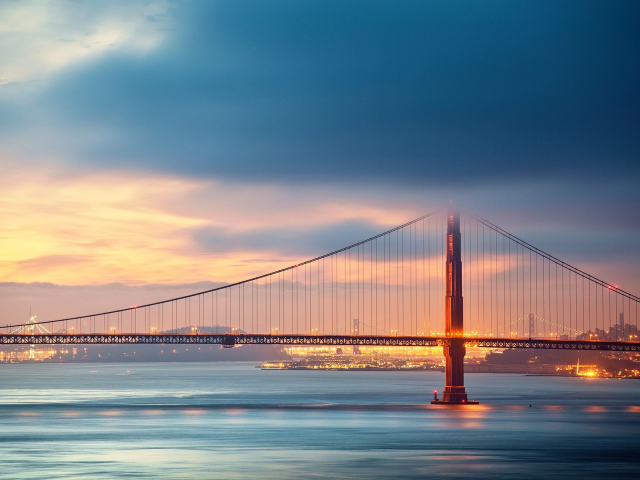 lights, городские пейзажи, мосты, Golden Gate Bridge, cityscapes, фонари, bridges, мост Золотые Ворота в Сан-Франциско, San Francisco, rivers, рек