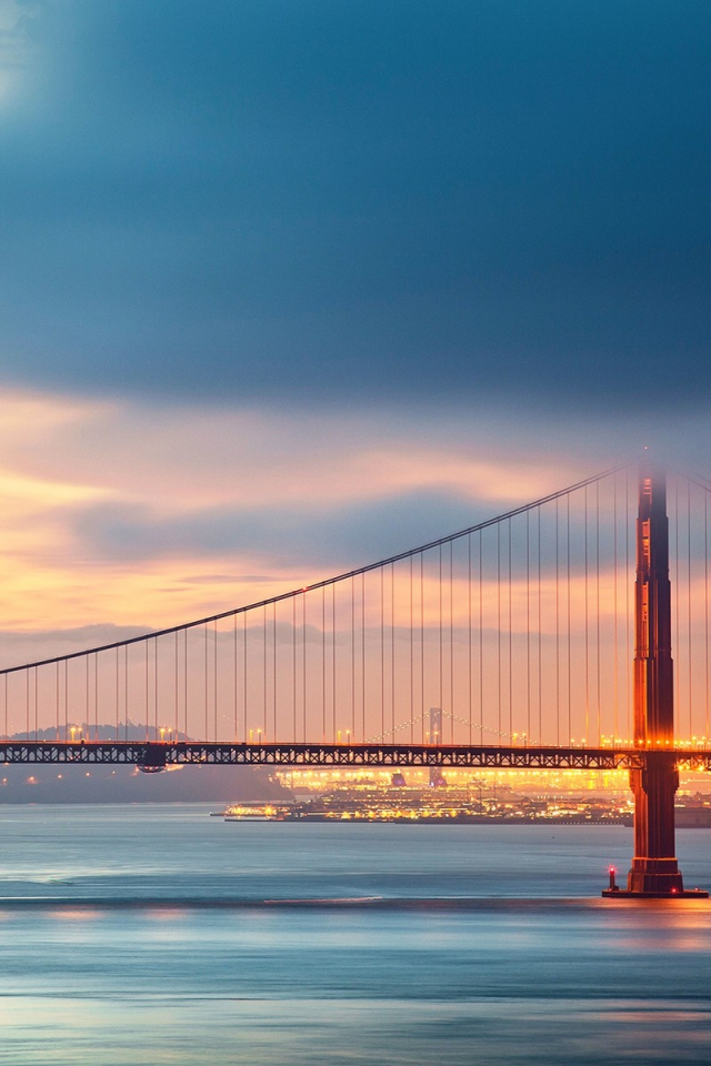 lights, городские пейзажи, мосты, Golden Gate Bridge, cityscapes, фонари, bridges, мост Золотые Ворота в Сан-Франциско, San Francisco, rivers, рек