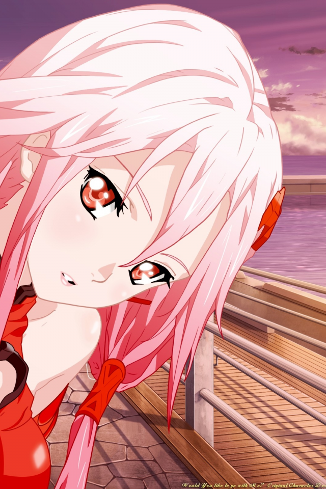 pink hair, red eyes, bare shoulders, Guilty Crown, Yuzuriha Inori, , railing, detached sleeves, hair ornaments, bodysuits, sea, red dress, water, cleavage, grass, clouds, faces, outdoors, anime girls, long hair, skies