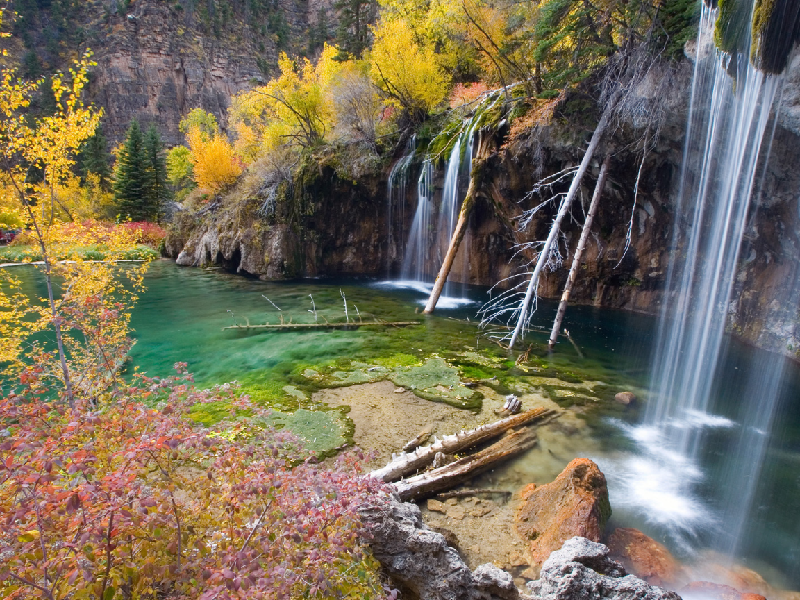 Hanging lake, водопад, озеро, скалы, деревья