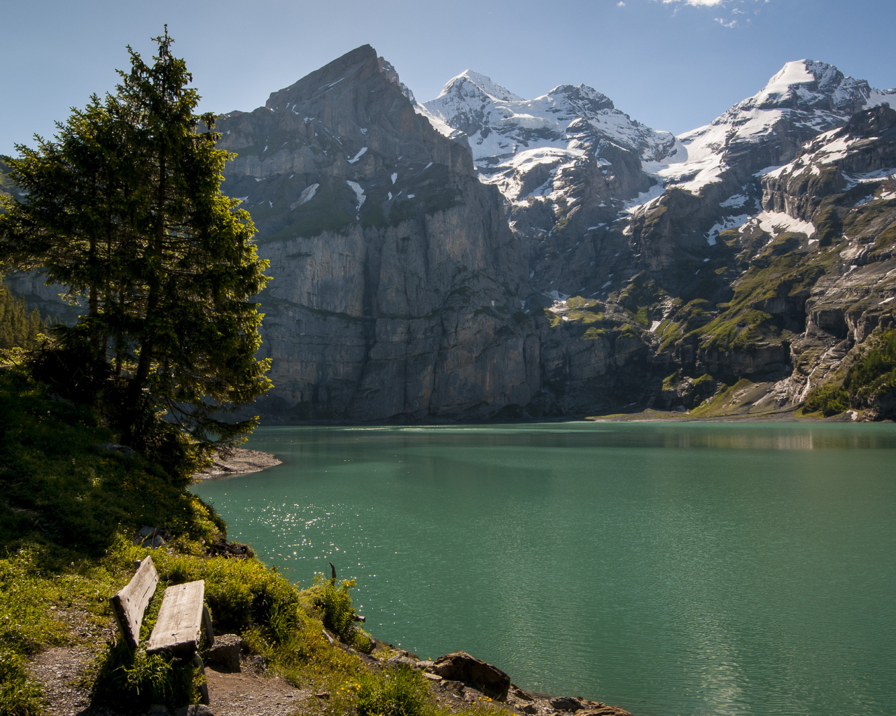 деревья, швейцария, горы, озеро, Switzerland, скамейка