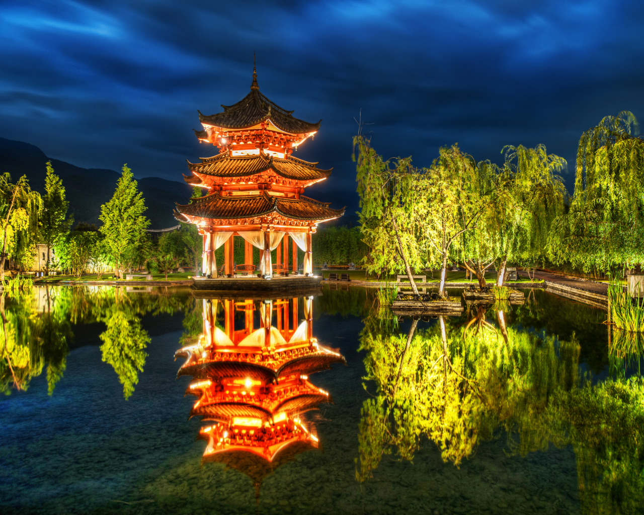 китай, отражение, деревья, Lijiang, парк, пруд, china, пагода