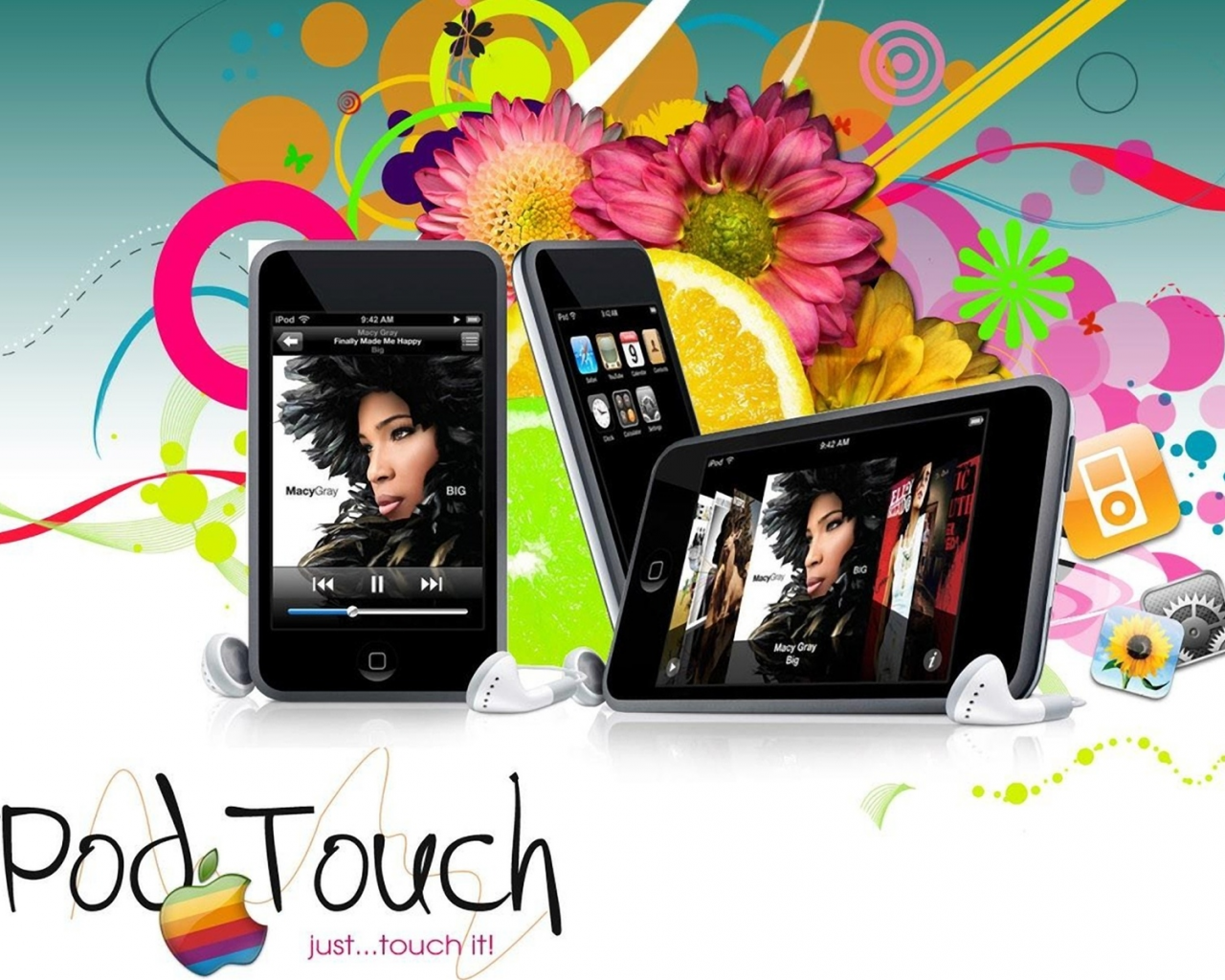 mobile, наушники, ipod touch, цветы, Hi-tech, art, apple