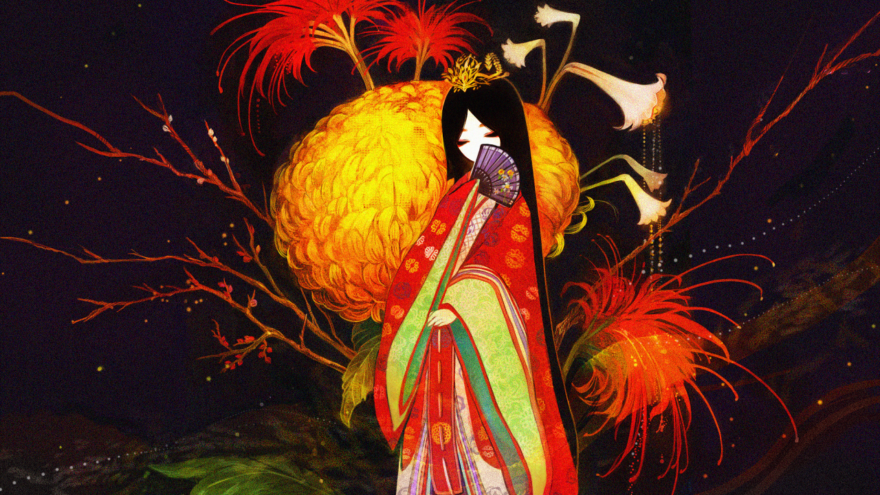 хризантемы, веер, кимоно, Рисунок, девушка