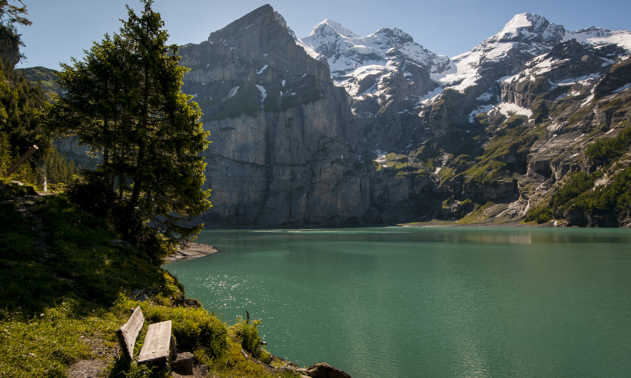 деревья, швейцария, горы, озеро, Switzerland, скамейка