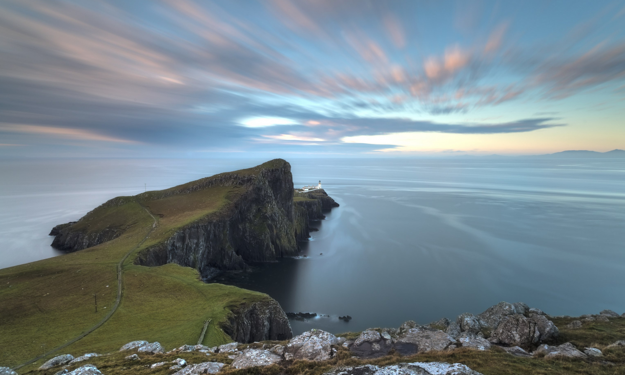 скалы, на краю, море, небо, маяк, Шотландия, океан