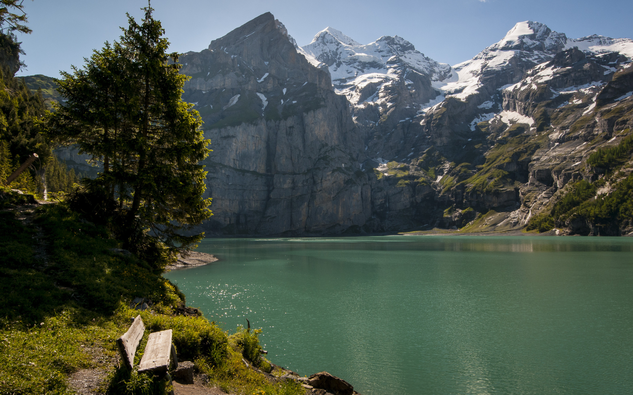 деревья, швейцария, горы, озеро, Switzerland, скамейка