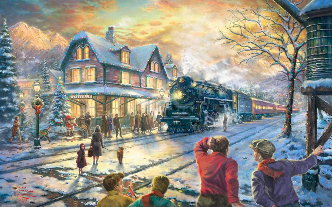 живопись, All aboard for christmas, lionelville, праздник, зима, thomas kinkade