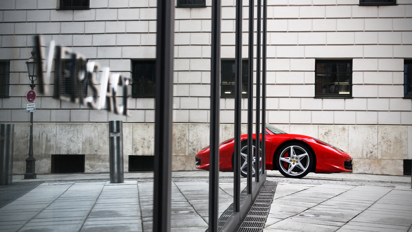 отражение, нос, Ferrari 458 italia, красная, город, феррари, дома