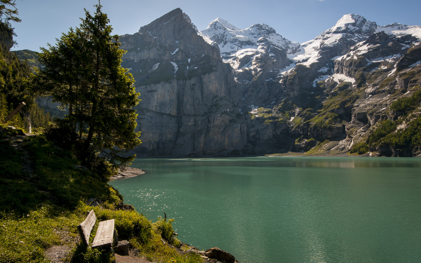 деревья, швейцария, горы, озеро, Switzerland, скамейка