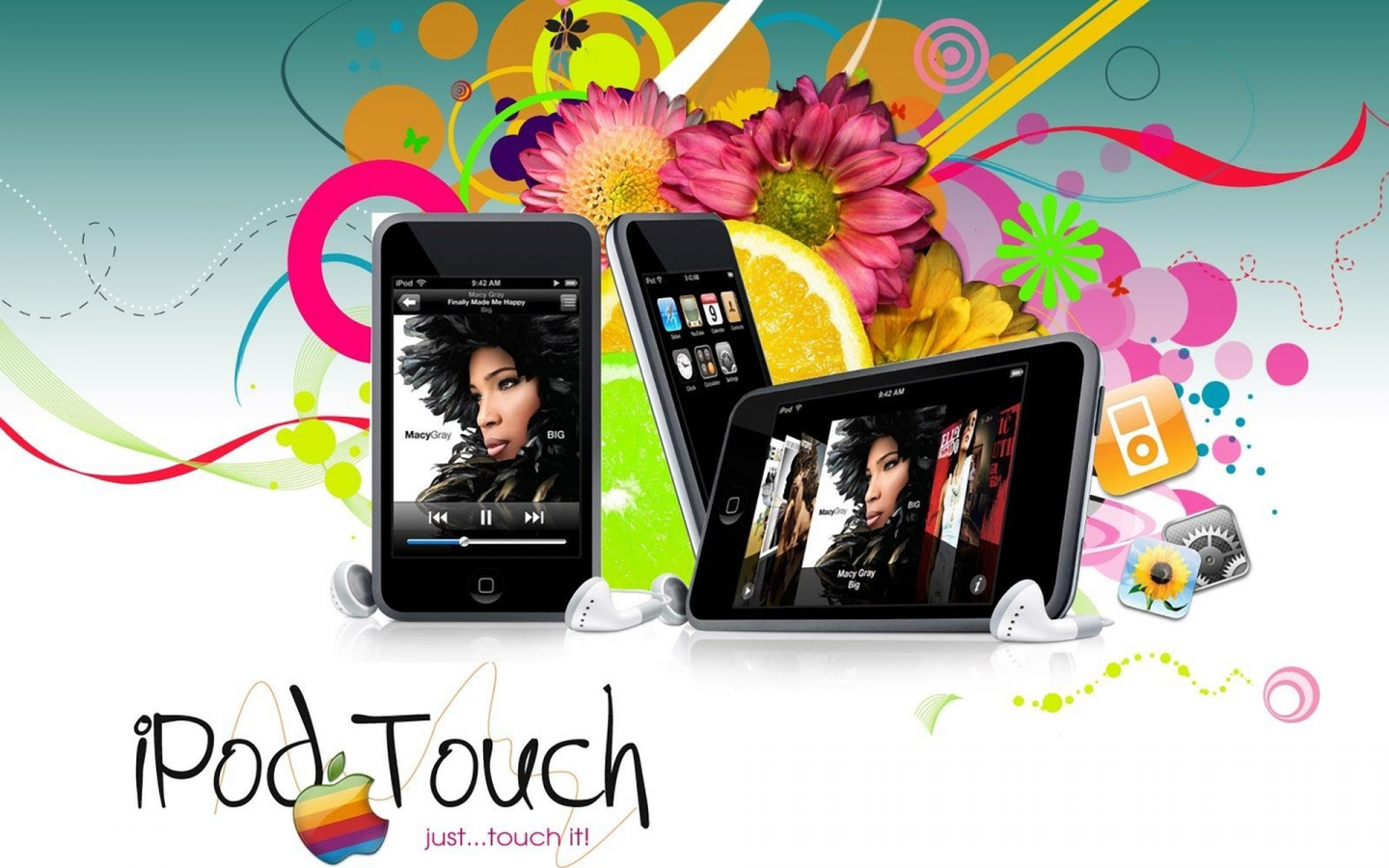 mobile, наушники, ipod touch, цветы, Hi-tech, art, apple