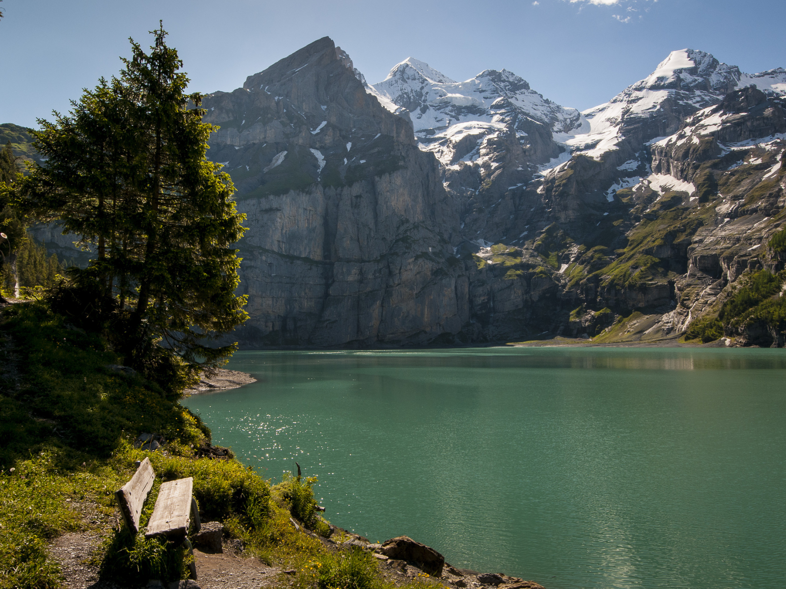 деревья, швейцария, горы, озеро, Switzerland, скамейка