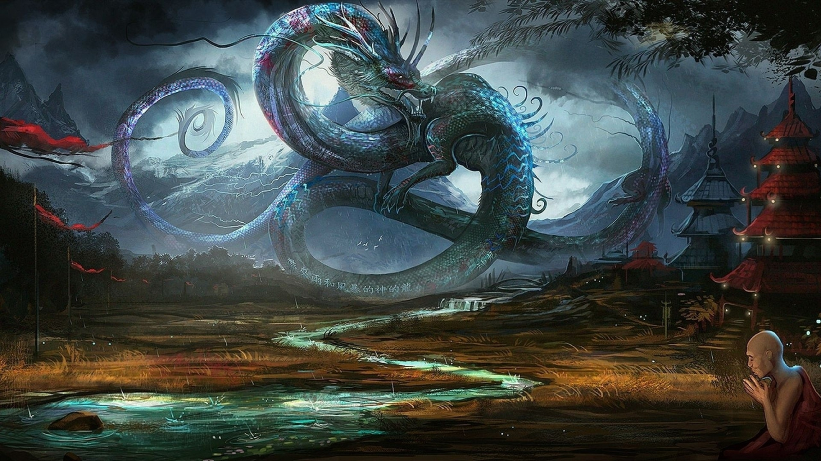 shaolin, skies, dragons, water, fantasy art, sea, rain, flags, artwork, legendary, low resolution, , China