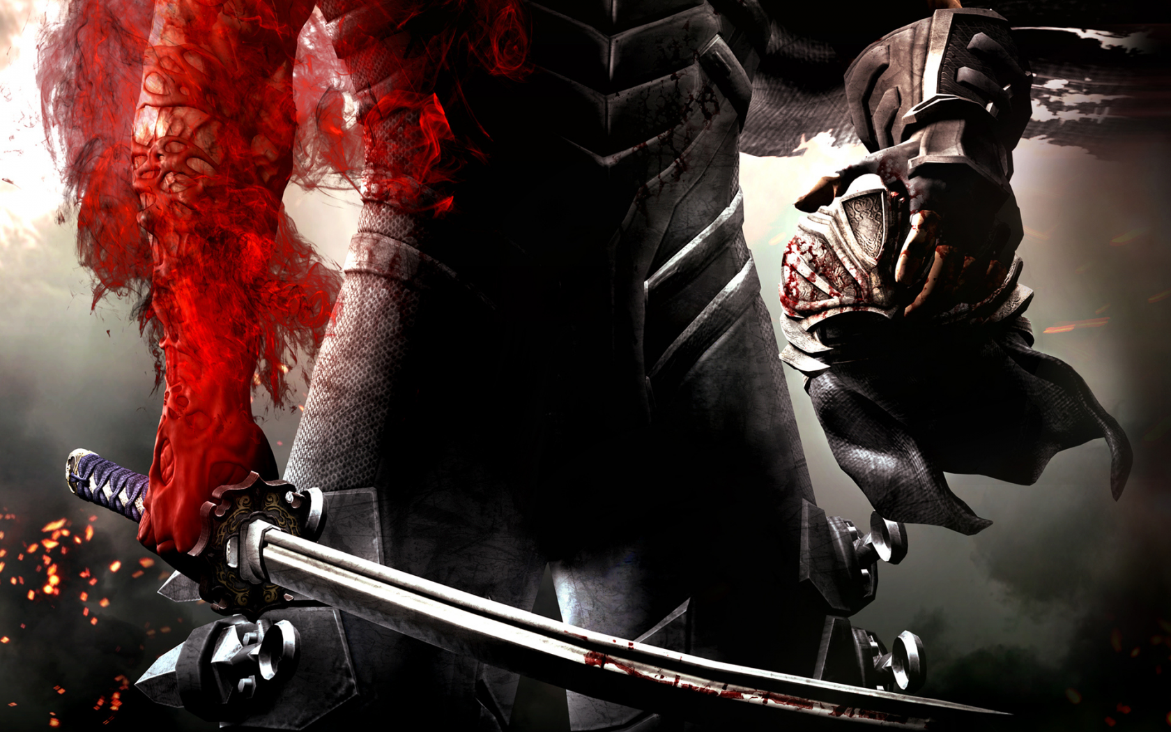 Воин, меч, красное, шлем, рубцы, кровь, броня, оружие