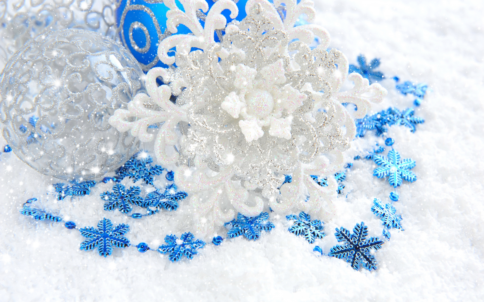 Снежинка, серебристая, блеск, синие, шары, белая