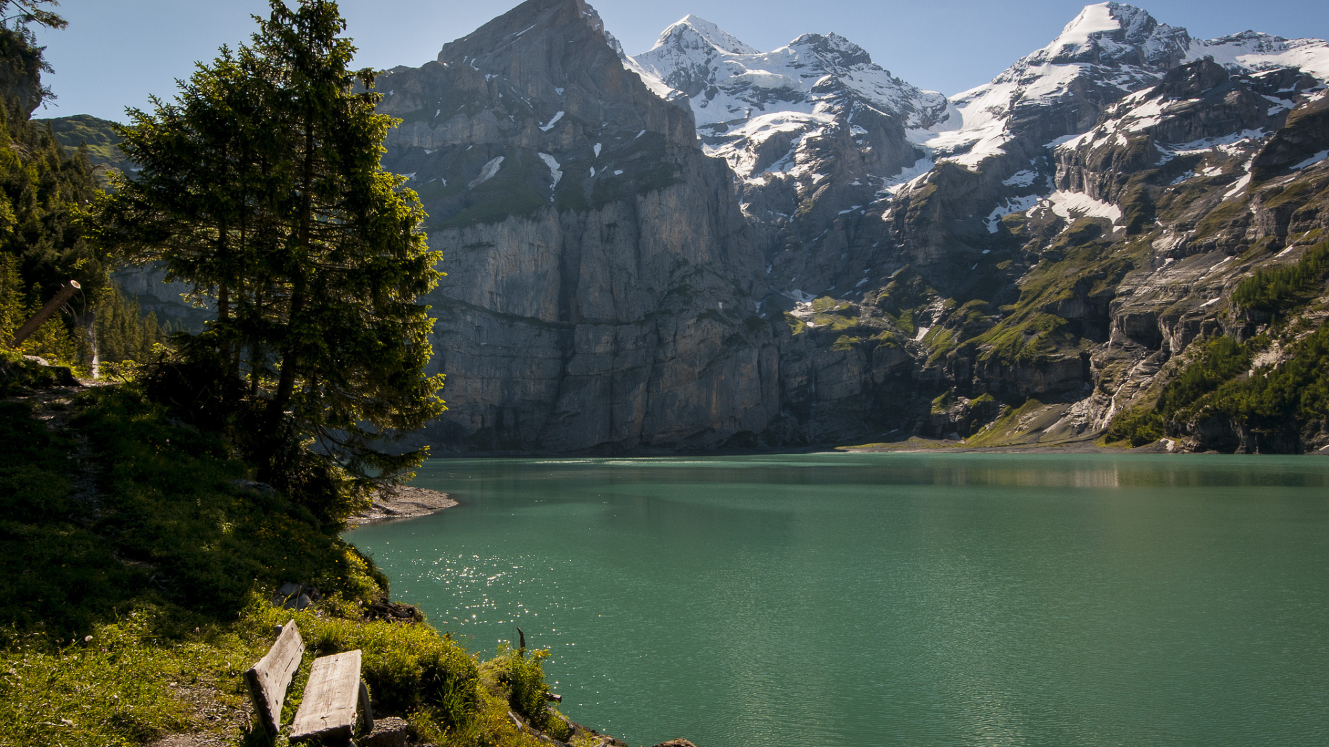 деревья, швейцария, горы, озеро, Switzerland, скамейка