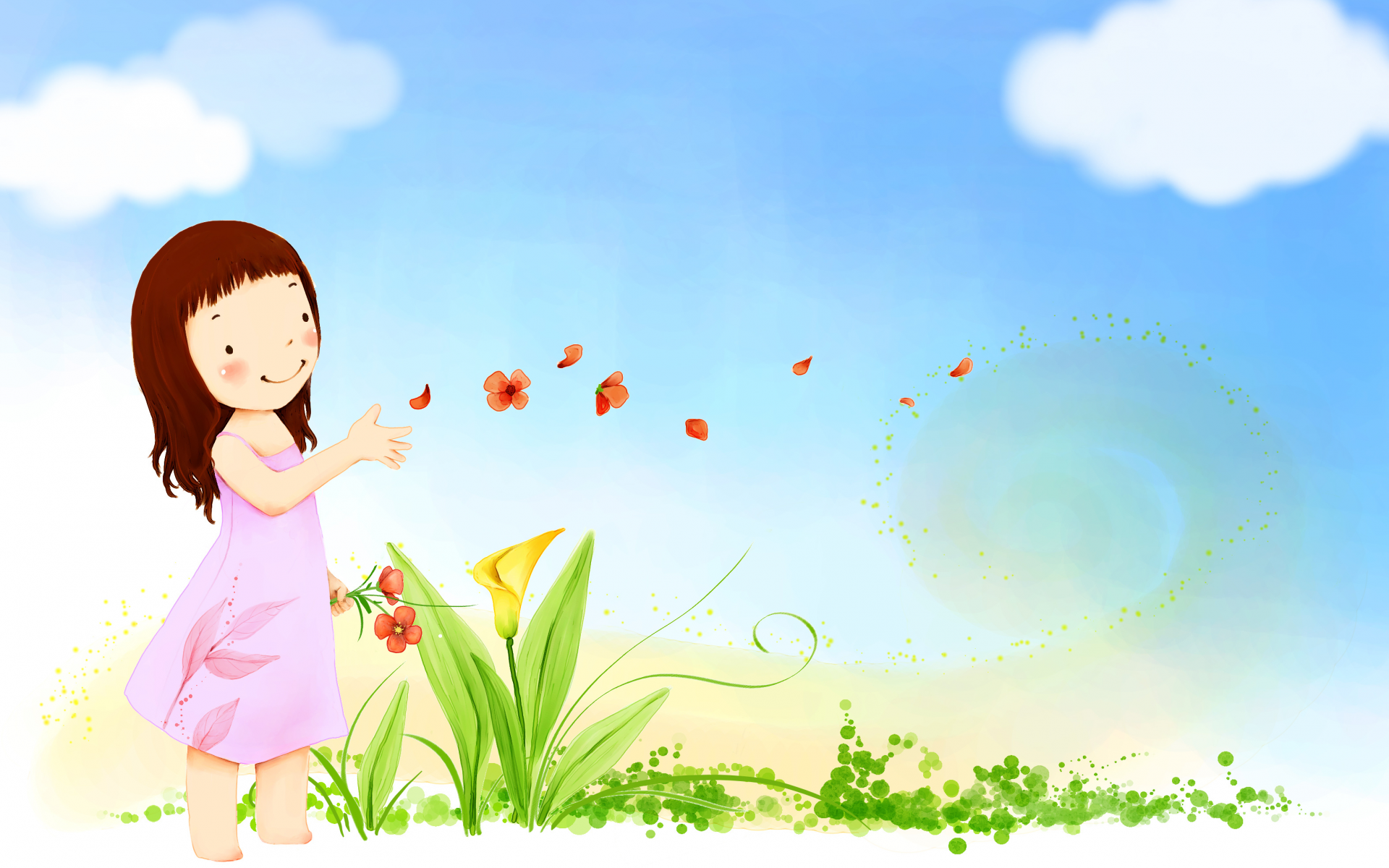 ветер, Детские обои, цветы, девочка, платье, улыбка