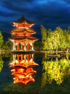 китай, отражение, деревья, Lijiang, парк, пруд, china, пагода