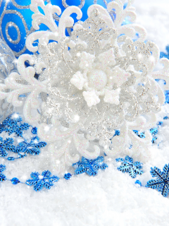 Снежинка, серебристая, блеск, синие, шары, белая