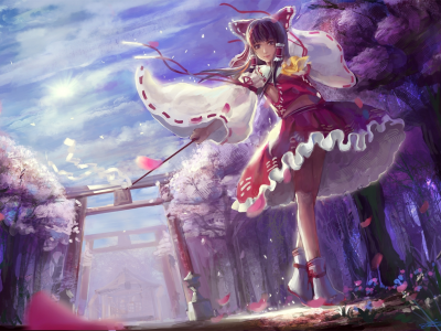 Touhou, врата, девушка, бант, hakurei reimu, лепестки, деревья