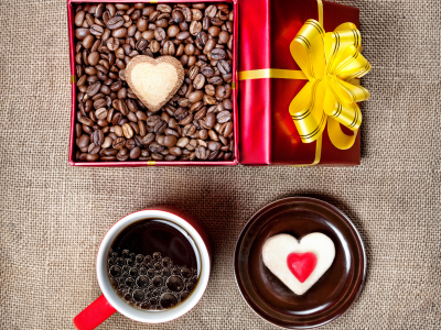 Кофе, зерна, пирожное, чашка, коробка, сердце, подарок