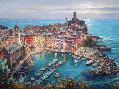 moonlight in vernazza, живопись, средиземное море, Cao yong