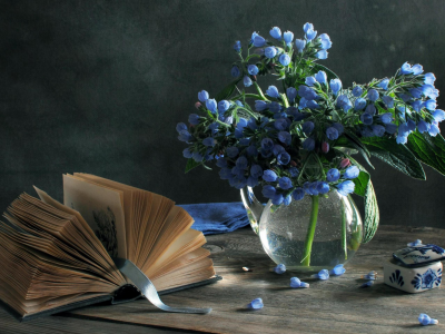 Натюрморт, голубые цветы, шкатулка, ваза, книга