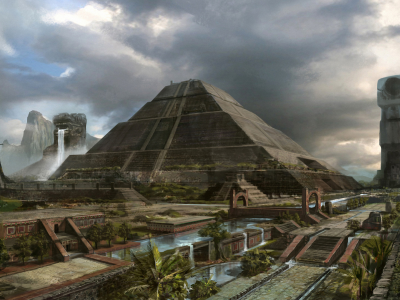 пирамида, пальмы, Арт, mayan civilization, город