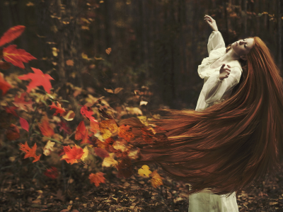 Девушка, волосы, осень, листья, ситуация