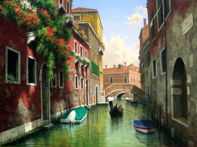 мост, венеция, окна, Картина, дома, канал, mark pettit, италия