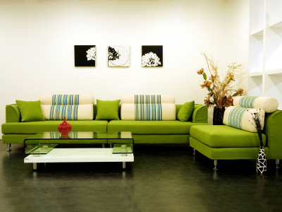 дизайн, Интерьер, зеленый, стиль, вазы, диван, подушки
