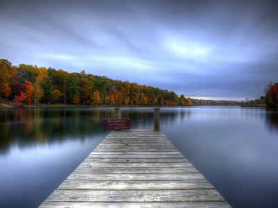 деревянный, табличка, мостик, осень, гладь, вода, Озеро