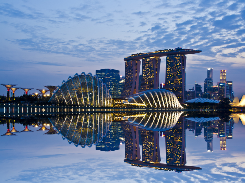 gardens by the bay, lights, skyscrapers, Singapore, sky, architecture, reflection, clouds, evening