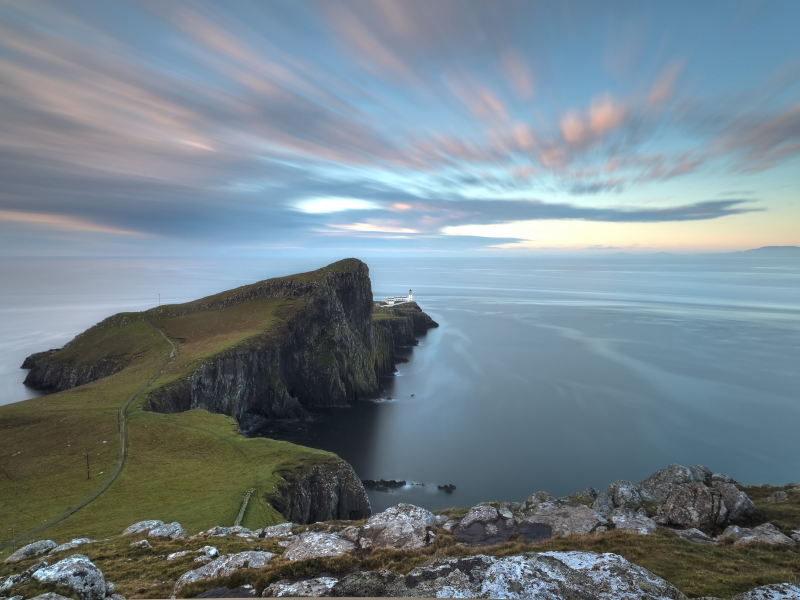 скалы, на краю, море, небо, маяк, Шотландия, океан