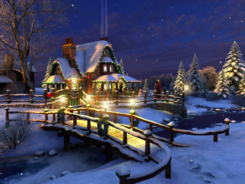 рождество, звезды, ночь, зима, Bridge to the cottage, коттедж
