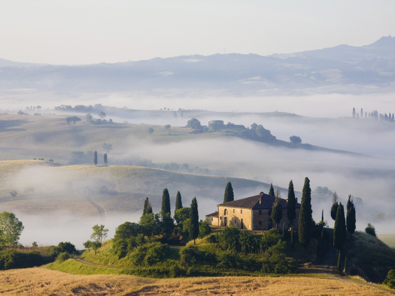 природа, Утро, пейзаж, поля, туман, дома, toscana, холмы